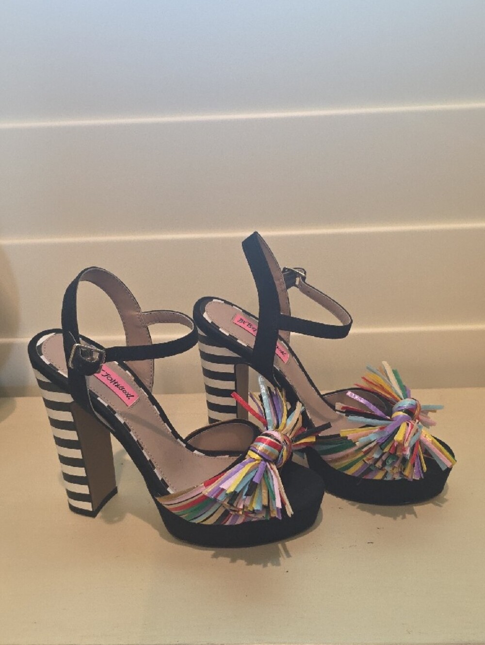 Betsey Johnson Black Sandals with Rainbow Fringe Bow